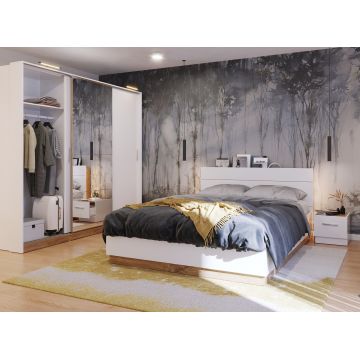 Set Mobila Dormitor din pal, cu pat 200 x 180 cm, 4 piese Dentro Alb Mat / Stejar
