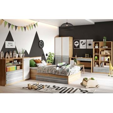 Set Mobila dormitor din pal, pentru copii, 6 piese, Plano Stejar / Gri / Alb, 200 x 120 cm