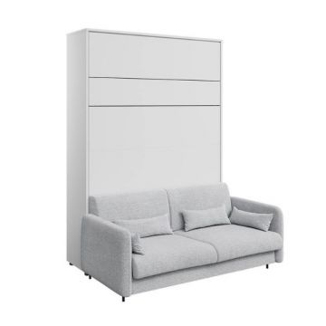 Set Canapea Fixa, 2 Locuri, BC18 Gri Deschis, l164xA93xH74 cm + Pat rabatabil pe perete cu tablie tapitata Bed Concept Vertical Alb Mat, 200 x 140 cm