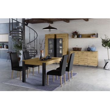 Set de mobila dining din pal, 5 piese Lucas Stejar Artisan / Negru Mat Set de mobila dining din pal, 5 piese Lucas Stejar Artisan / Negru Mat