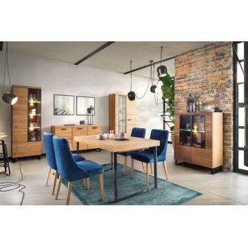Set de mobila dining din pal, furnir si lemn, 9 piese Pratto Stejar Rustic / Negru