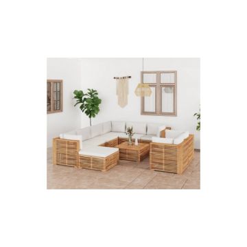 Set mobilier gradina cu perne crem, 10 piese, lemn masiv de tec