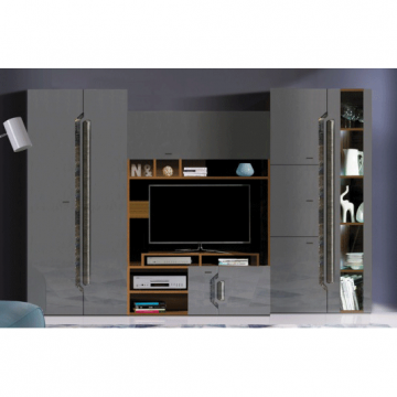 Living DAVOS Z.P., 4 corpuri, cu lumini LED si soft close, corp PAL nuc inchis, fronturi MDF gri, 310x58x196 cm