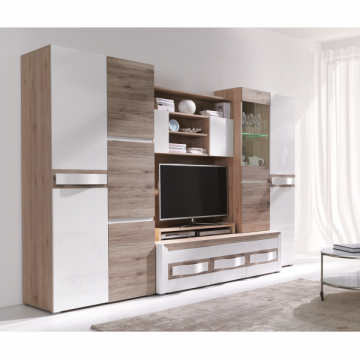 Living PASSIONATA Z.P., 6 corpuri, cu lumini LED, corp PAL stejar, fronturi stejar inchis + MDF alb lucios, 300x60x198 cm