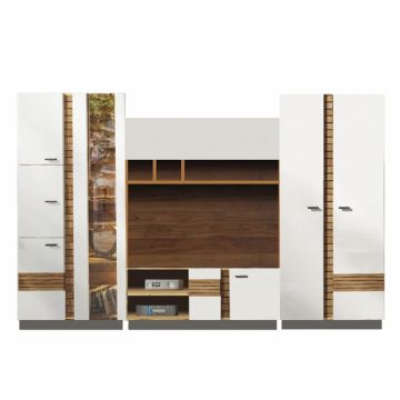 Living VAL GARDENA Z.P., 4 corpuri, cu lumini LED, corp PAL nuc, fronturi MDF late lucios, 302x53x199 cm