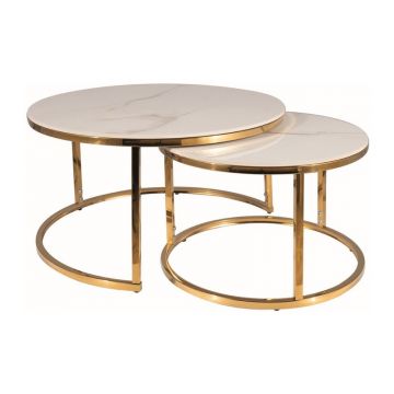 Set 2 mese de cafea din ceramica si metal, Portino A Marmura / Auriu, Ø80xH42 cm / Ø60xH38 cm