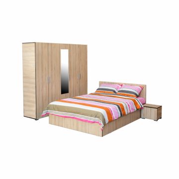 Set dormitor CORINNE, 4 piese, pat 140x200 cm, dulap 5 usi, 2 noptiere, sonoma deschis, cant sonoma inchis