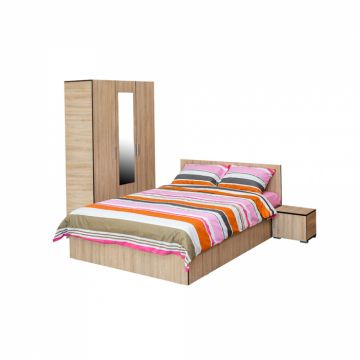 Set dormitor CORINNE, 4 piese, pat 160x200 cm, dulap 3 usi, 2 noptiere, sonoma deschis, cant sonoma inchis Set dormitor CORINNE, 4 piese, pat 160x200 cm, dulap 3 usi, 2 noptiere, sonoma deschis, cant sonoma inchis