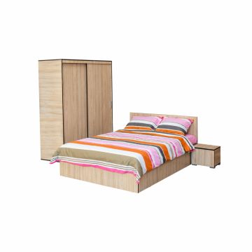 Set dormitor CORINNE, 4 piese, pat 160x200 cm, dulap usi glisante, 2 noptiere, sonoma deschis, cant sonoma inchis Set dormitor CORINNE, 4 piese, pat 160x200 cm, dulap usi glisante, 2 noptiere, sonoma deschis, cant sonoma inchis
