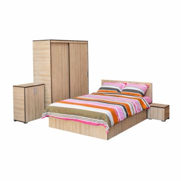 Set dormitor CORINNE, 5 piese, pat 160x200 cm, dulap usi glisante, 2 noptiere, comoda, sonoma deschis, cant sonoma inchis