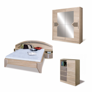 Set dormitor DOME, 3 piese, Pat 160x200, Dulap D04-15 cu usi glisante si Comoda DY2 cu 1 usa si 3 sertare