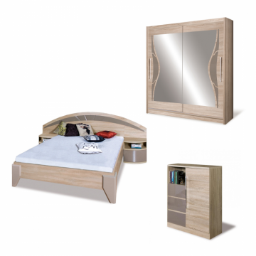 Set dormitor Dome, 3 piese, Pat 160x200, Dulap D06-15 cu usi glisante si Comoda DY2 cu 1 usa si 3 sertare
