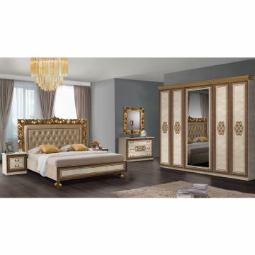 Set Dormitor SIENA, 6 piese, pat 160x200 cm, dulap 6 usi, comoda, oglinda, 2 noptiere, bej + auriu