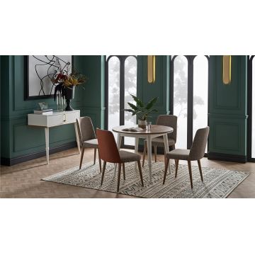 Set masa rotunda din pal, Larina Alb / Natur + 4 Scaune tapitate cu stofa, Larina Grej / Caramiziu, Ø100,4xH77,5 cm