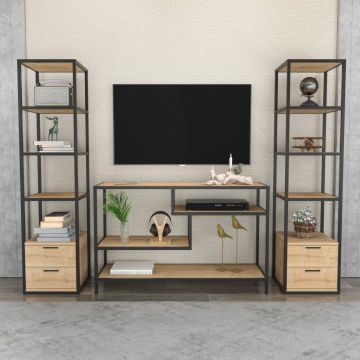 Comoda TV, Retricy, Robbins, 198x39x160 cm, PAL, Negru / Stejar