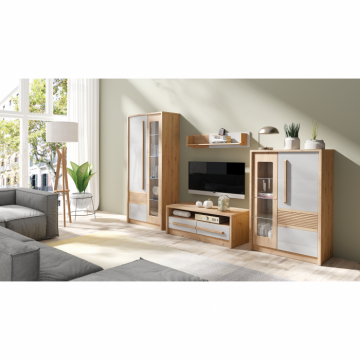 Living BIANCO Z.A, 4 corpuri, corp PAL artisan, fronturi MDF alb latte si artisan, 300x53x194 cm