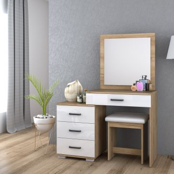 Set masa de toaleta Anca cu taburet, 105x46x140cm, alb/stejar Set masa de toaleta Anca cu taburet, 105x46x140cm, alb/stejar