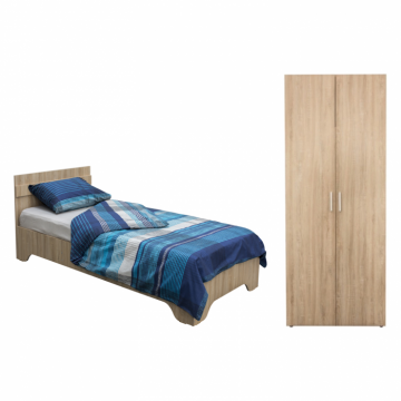 Set dulap ALMA 2 usi, 5 rafturi, sonoma, 80x52x203 cm si pat ALMA cu picioare, 90x200 cm, sonoma deschis