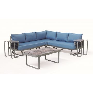 Set mobilier modular pentru gradina / terasa, Serano Gri / Albastru, coltar 5 locuri + 3 mese de cafea