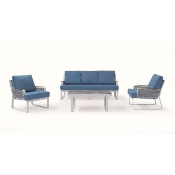 Set mobilier pentru gradina / terasa, Kontes Albastru / Alb, 2 fotolii + canapea 3 locuri + masa de cafea