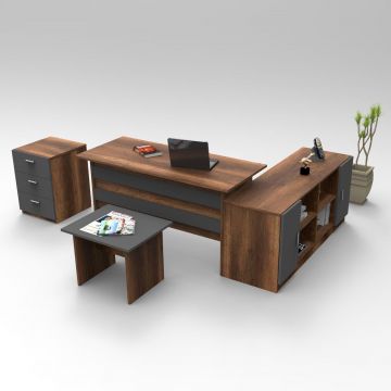 Set de mobilier de birou Bexon, Nuc - Alb - Stejar, Birou - Comoda - Rollbox - Masuta