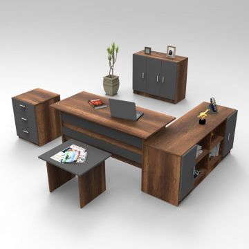 Set mobilier de birou Linta XL, 5 piese, Birou - Biblioteca - Consola - Masa - Rollbox