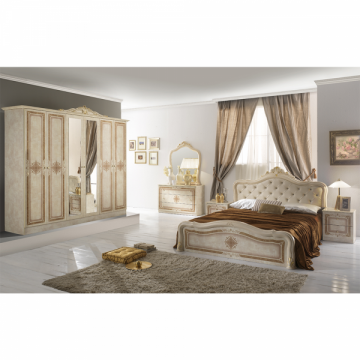 Set Dormitor LUISA, 5 piese, Dulap 6 usi cu oglinda, Pat 160x200, comoda si oglinda, bej