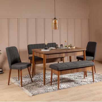 Set masa extensibila din lemn si pal + 2 Scaune tapitate cu stofa si picioare din lemn + 2 Banci tapitate cu stofa si picioare din lemn, Vina Nuc / Antracit, L130-165xl80xH77 cm