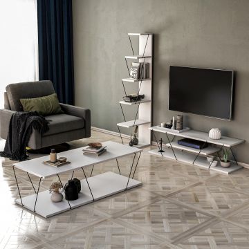 Set Mobila Sufragerie Epsilon, Alb - Galben - Gri - Stejar, 3 piese