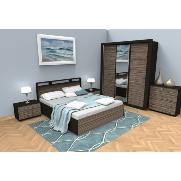 Dormitor modern Ruxandra, PAL melaminat, pat + dulap + noptiere + comoda, wenge-zebrano