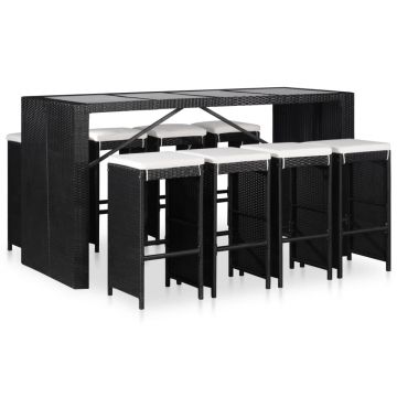 Set de masă și scaune de exterior 9 piese negru poliratan
