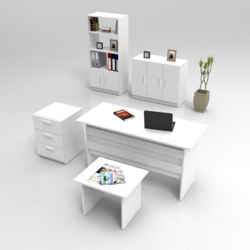 Set de mobilier de birou Barsto, Alb - Nuc - Stejar, 5 piese Elegante