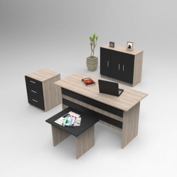 Set de mobilier de birou Torrens, Alb - Nuc - Stejar, 4 Piese, Birou - Biblioteca - Rollbox - Masuta