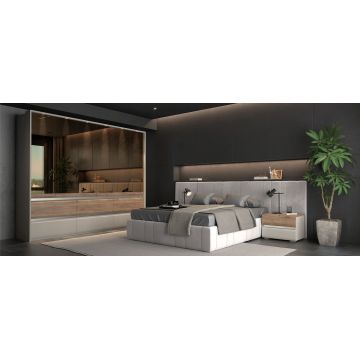 Set Mobila Dormitor din pal si MDF, cu pat 200 x 160 cm, 6 piese, Invictus P66-6OG/IC Gri / Crem / Stejar Tobacco