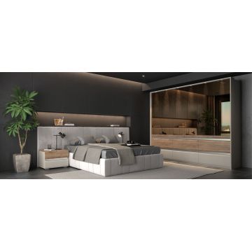 Set Mobila Dormitor din pal si MDF, cu pat 200 x 180 cm, 6 piese, Invictus P66-6OG/IC Gri / Crem / Stejar Tobacco