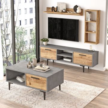 Set Mobila Sufragerie Anastasia, Gri - Stejar, 3 piese, Comoda Tv - Raft de Perete - Masuta de Cafea cm