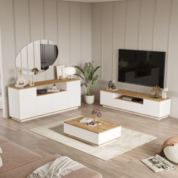 Set Mobila Sufragerie Songul, Alb - Stejar, Comoda Tv - Consola - Masuta de Cafea