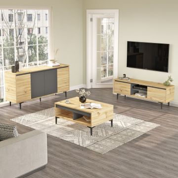 Set Mobila Sufragerie Zagreb, Gri - Nuc - Stejar, Consola - Comoda - Masuta de Cafea
