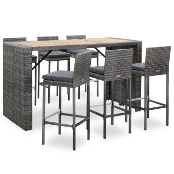 Set mobilier bar de exterior cu perne 7 piese gri poliratan