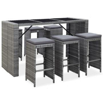 Set mobilier bar de grădină cu perne 7 piese gri poliratan