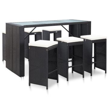 Set mobilier bar de grădină cu perne 7 piese negru poliratan