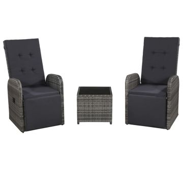 Set mobilier bistro cu perne 3 piese gri poliratan