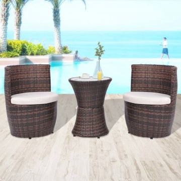Set mobilier bistro cu perne 3 piese maro poliratan