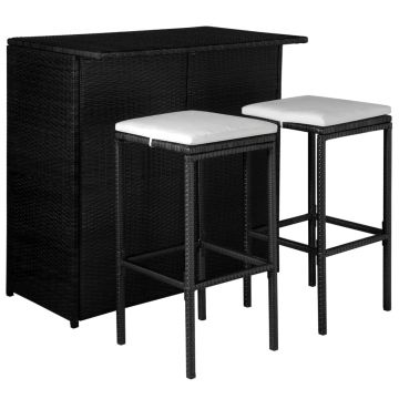 Set mobilier bistro cu perne 3 piese negru poliratan