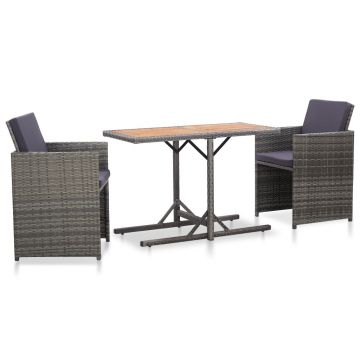 Set mobilier de bistro cu perne 3 piese gri poliratan