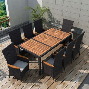 Set mobilier de exterior 9 piese negru poliratan lemn de acacia
