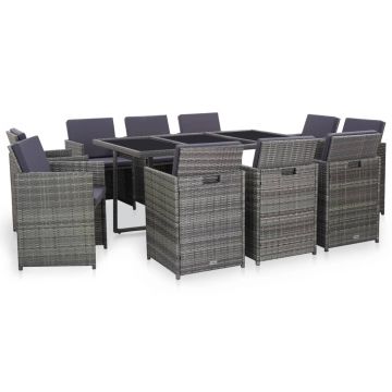 Set mobilier de exterior cu perne 11 piese gri poliratan