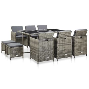 Set mobilier de exterior cu perne 11 piese gri poliratan