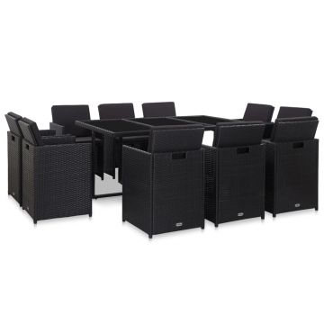Set mobilier de exterior cu perne 11 piese negru poliratan