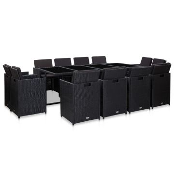 Set mobilier de exterior cu perne 13 piese negru poliratan